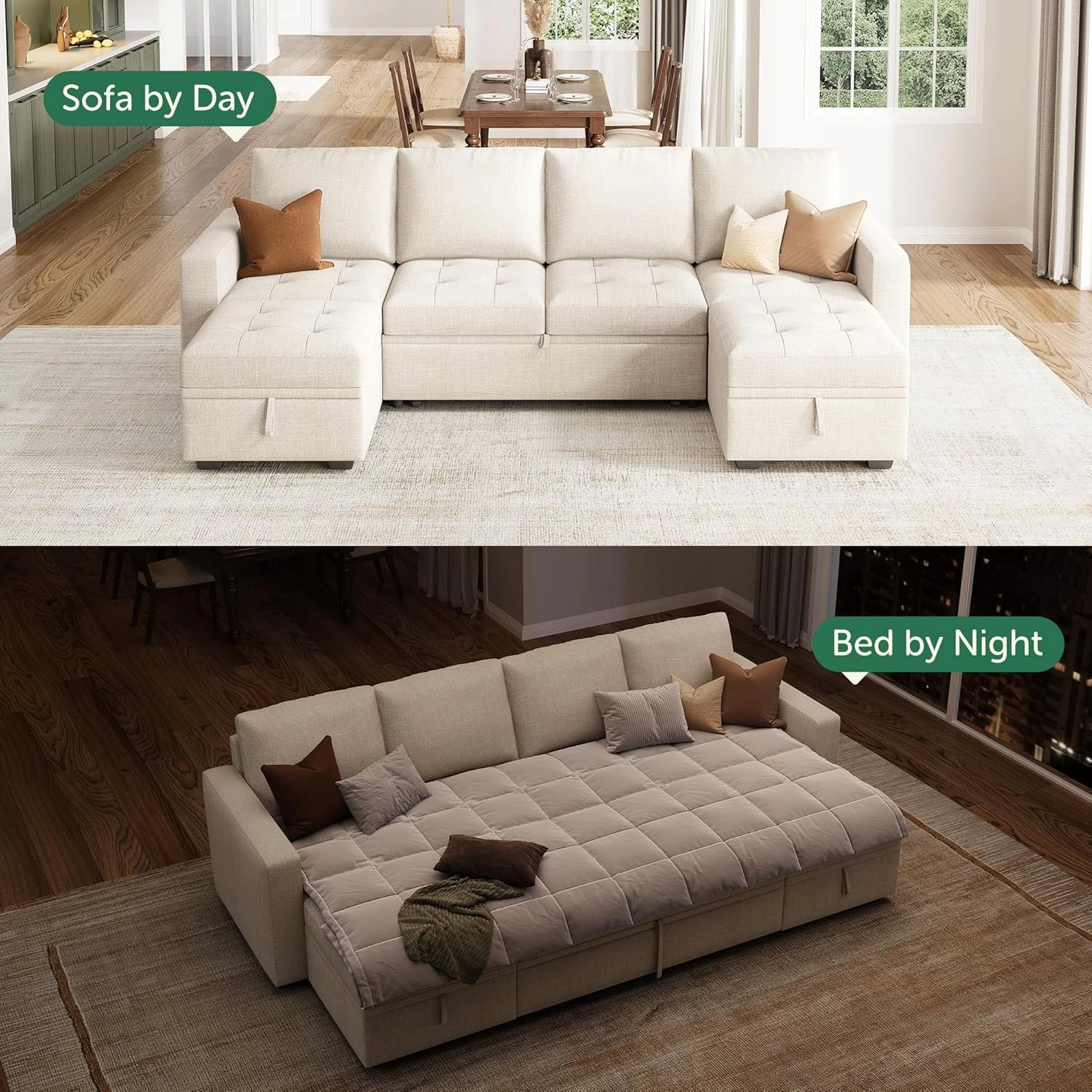 HONBAY Modular Sectional Sleeper Sofa with Pull Out Bed, Convertible L Shaped Couch with Storage Seat, Sectional Couches for Living Room,Beige