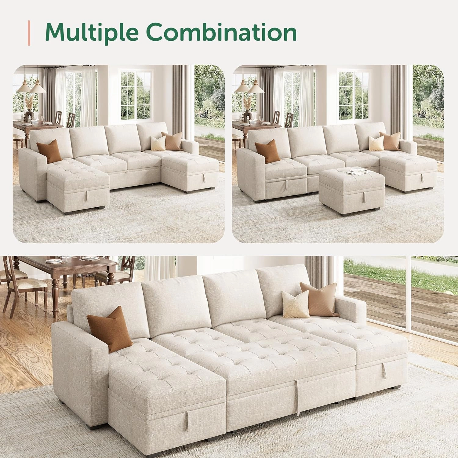HONBAY Modular Sectional Sleeper Sofa with Pull Out Bed, Convertible L Shaped Couch with Storage Seat, Sectional Couches for Living Room,Beige