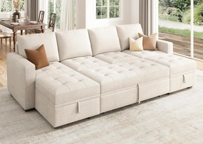 HONBAY Modular Sectional Sleeper Sofa with Pull Out Bed, Convertible L Shaped Couch with Storage Seat, Sectional Couches for Living Room,Beige