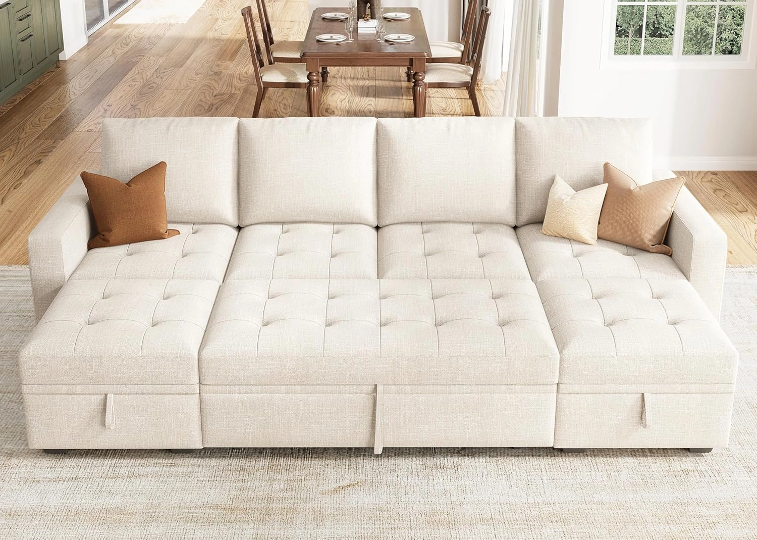 HONBAY Modular Sectional Sleeper Sofa with Pull Out Bed, Convertible L Shaped Couch with Storage Seat, Sectional Couches for Living Room,Beige