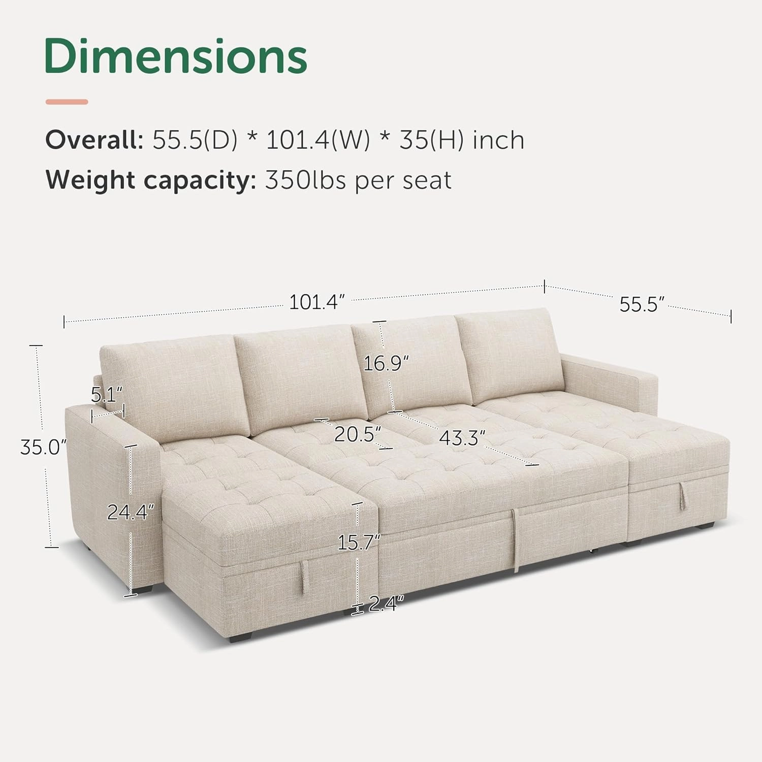 HONBAY Modular Sectional Sleeper Sofa with Pull Out Bed, Convertible L Shaped Couch with Storage Seat, Sectional Couches for Living Room,Beige