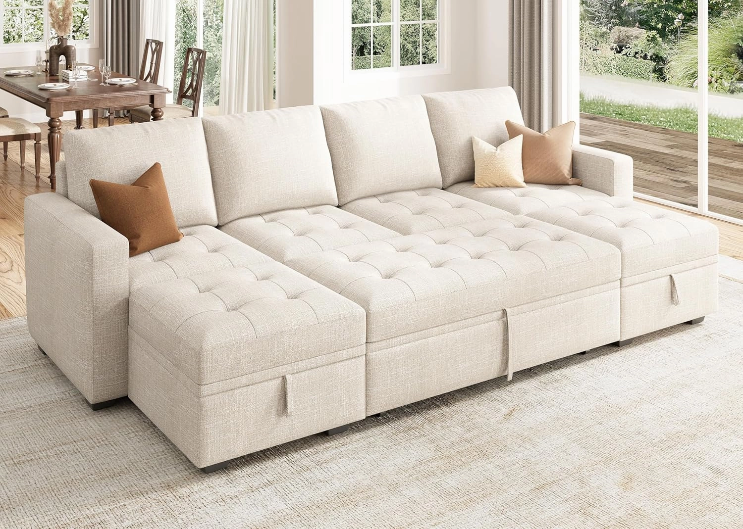 HONBAY Modular Sectional Sleeper Sofa with Pull Out Bed, Convertible L Shaped Couch with Storage Seat, Sectional Couches for Living Room,Beige
