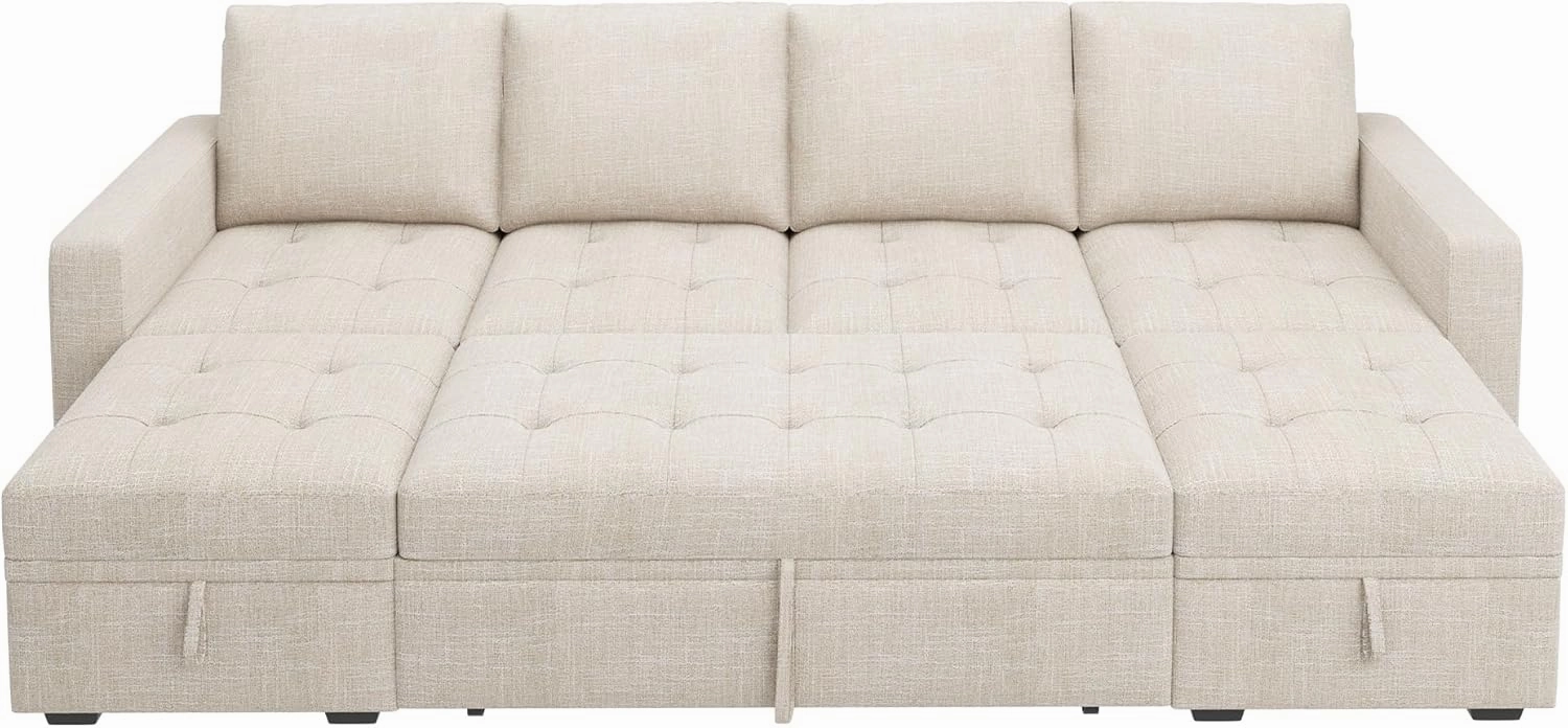 HONBAY Modular Sectional Sleeper Sofa with Pull Out Bed, Convertible L Shaped Couch with Storage Seat, Sectional Couches for Living Room,Beige