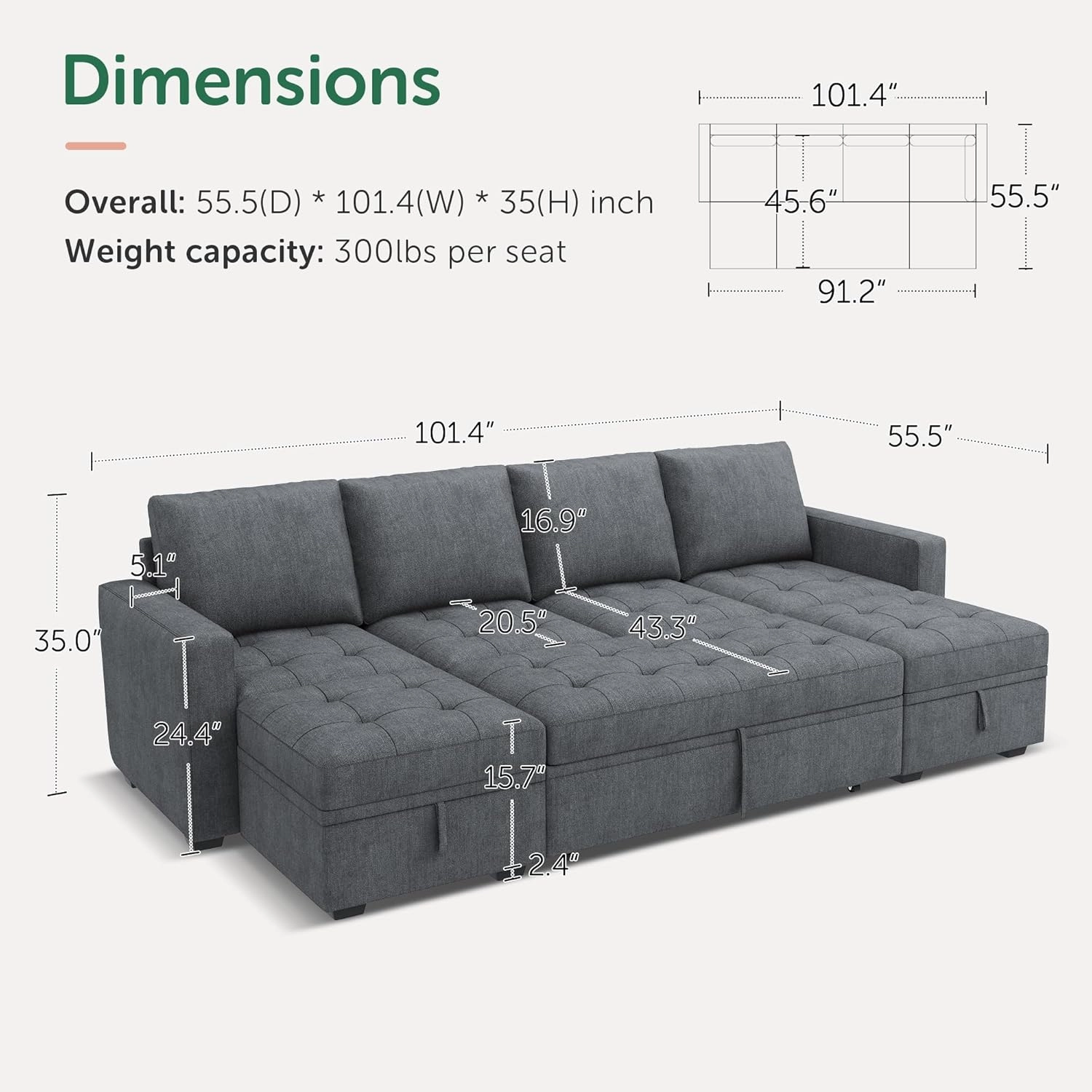 HONBAY Modular Sectional Sleeper Sofa with Pull Out Bed,U Shaped Couch with Storage Seat,Sectional Couches for Living Room,Bluish Grey