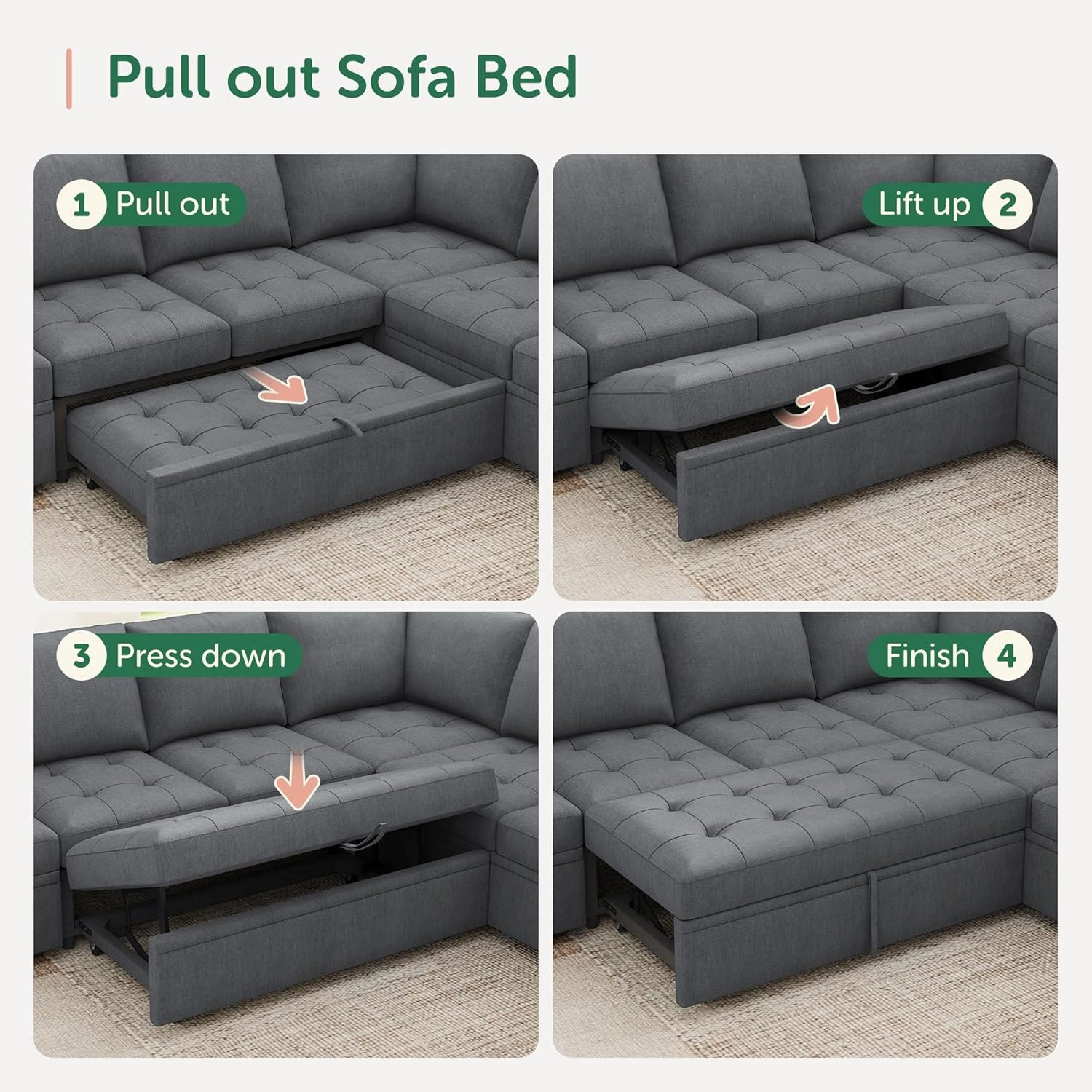 HONBAY Modular Sectional Sleeper Sofa with Pull Out Bed,U Shaped Couch with Storage Seat,Sectional Couches for Living Room,Bluish Grey