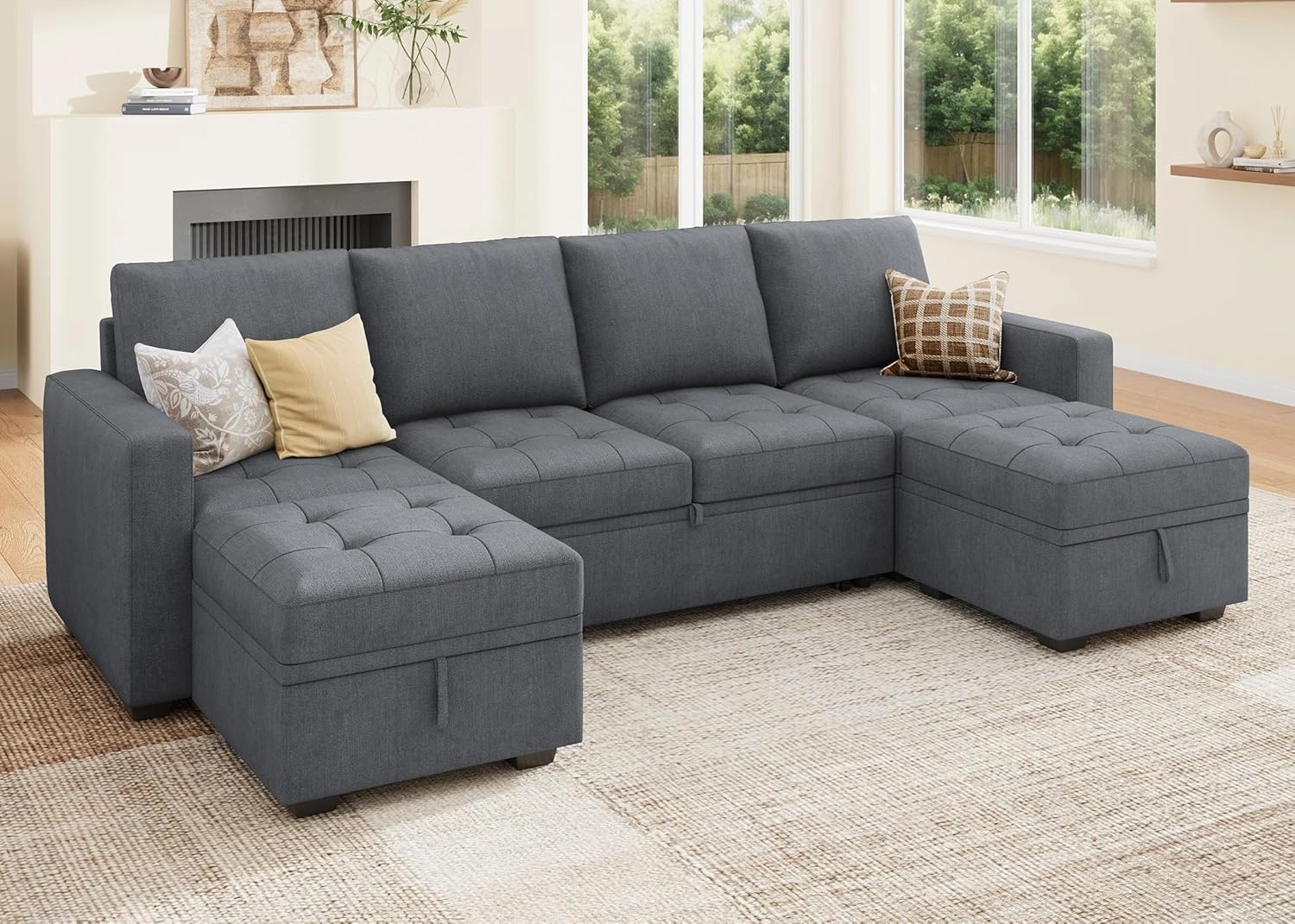 HONBAY Modular Sectional Sleeper Sofa with Pull Out Bed,U Shaped Couch with Storage Seat,Sectional Couches for Living Room,Bluish Grey