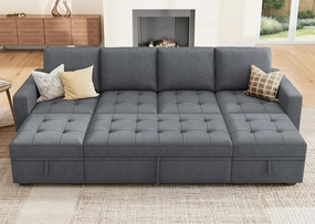 HONBAY Modular Sectional Sleeper Sofa with Pull Out Bed,U Shaped Couch with Storage Seat,Sectional Couches for Living Room,Bluish Grey