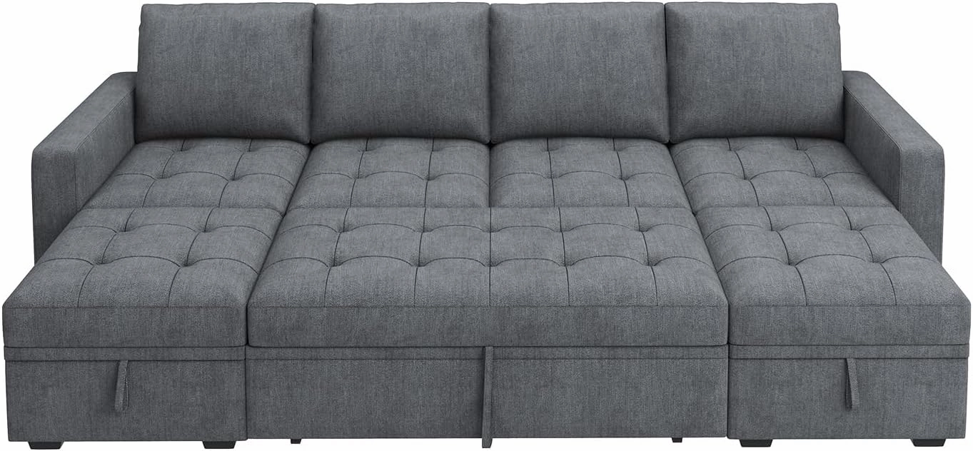HONBAY Modular Sectional Sleeper Sofa with Pull Out Bed,U Shaped Couch with Storage Seat,Sectional Couches for Living Room,Bluish Grey