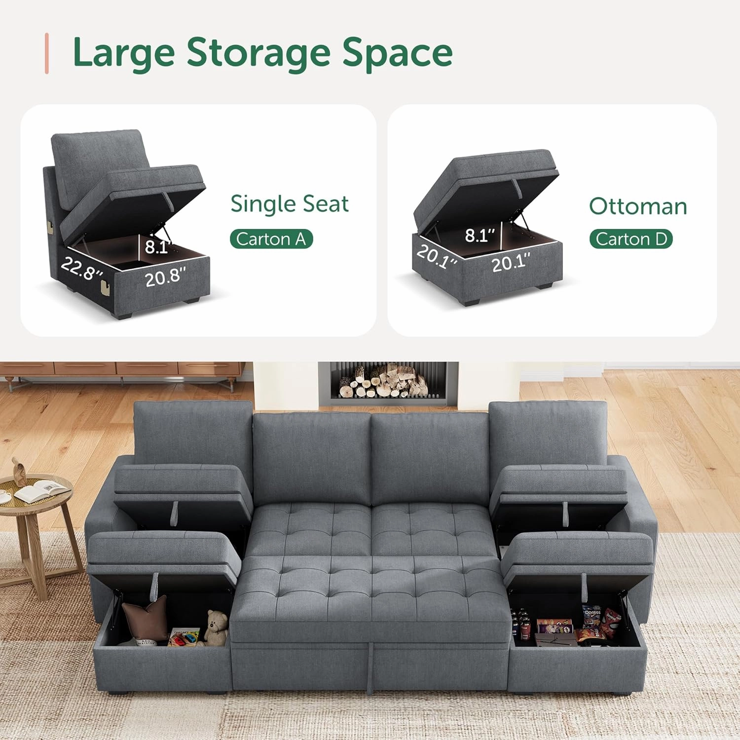 HONBAY Modular Sectional Sleeper Sofa with Pull Out Bed,U Shaped Couch with Storage Seat,Sectional Couches for Living Room,Bluish Grey