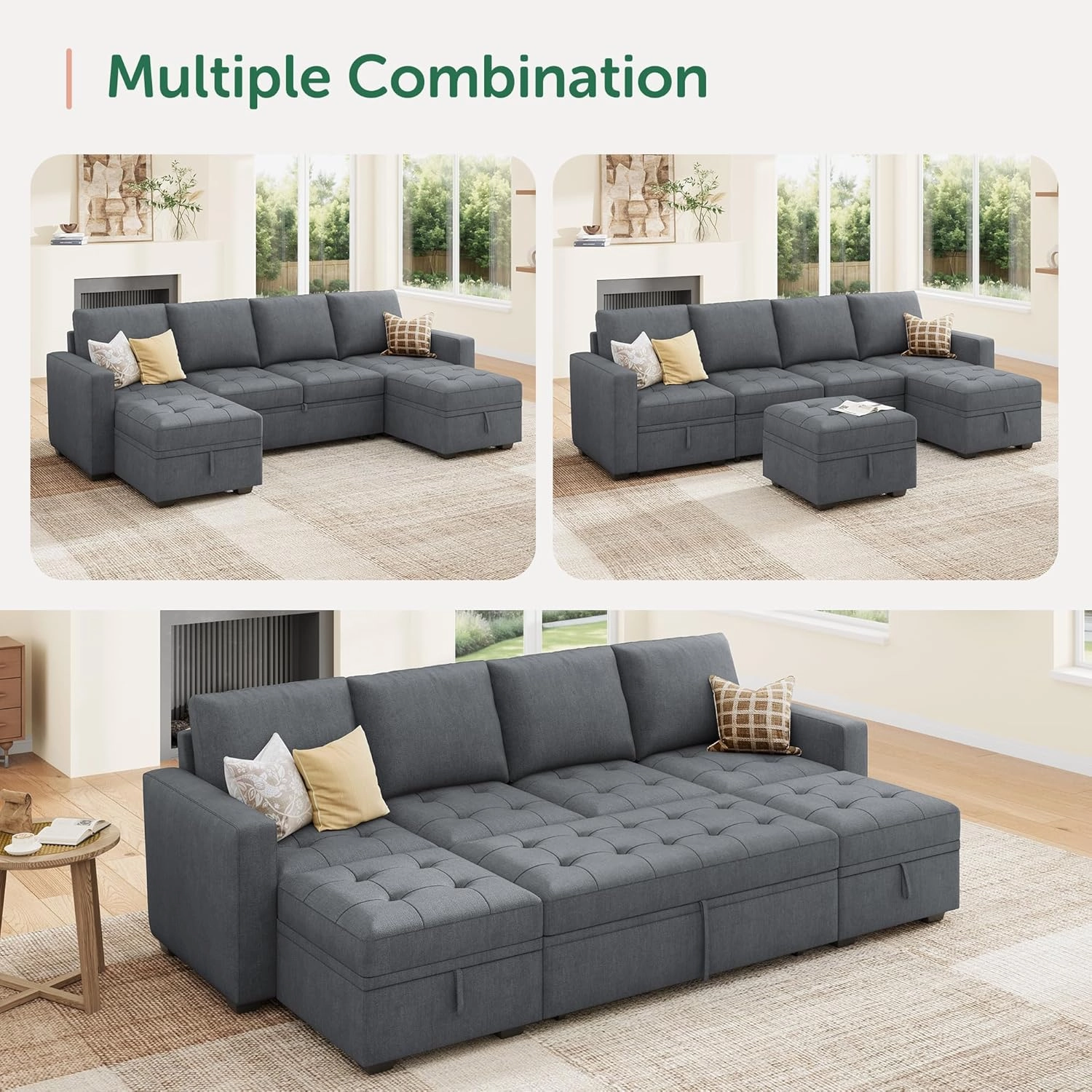 HONBAY Modular Sectional Sleeper Sofa with Pull Out Bed,U Shaped Couch with Storage Seat,Sectional Couches for Living Room,Bluish Grey