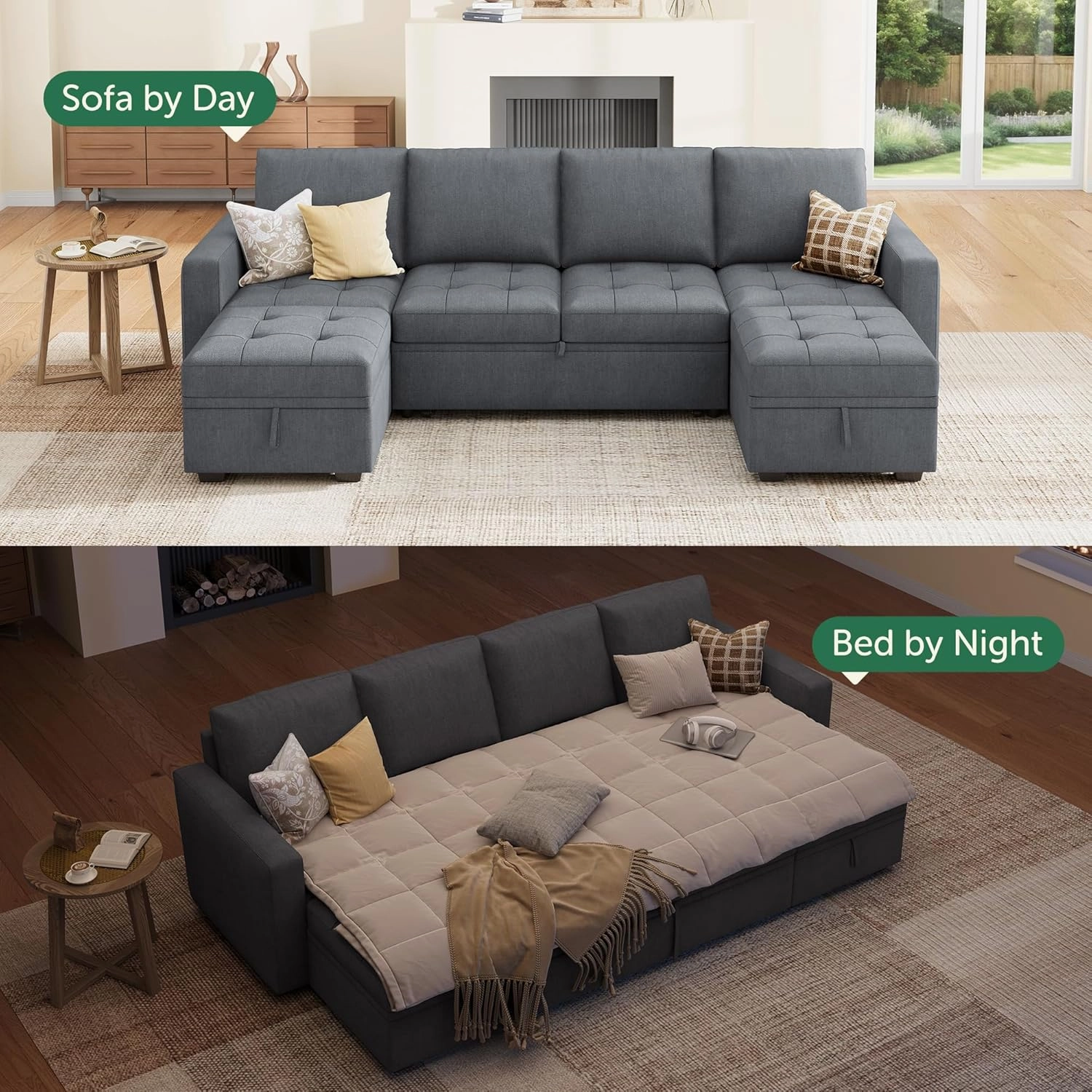 HONBAY Modular Sectional Sleeper Sofa with Pull Out Bed,U Shaped Couch with Storage Seat,Sectional Couches for Living Room,Bluish Grey