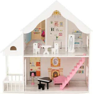 HONEY JOY White Doll House, Wooden Kids Dollhouse with Stairs, Accessories & Furniture Included, Large 2 Story Easy to Assemble Doll House Toy, Gift for Toddler Boys Girls, White