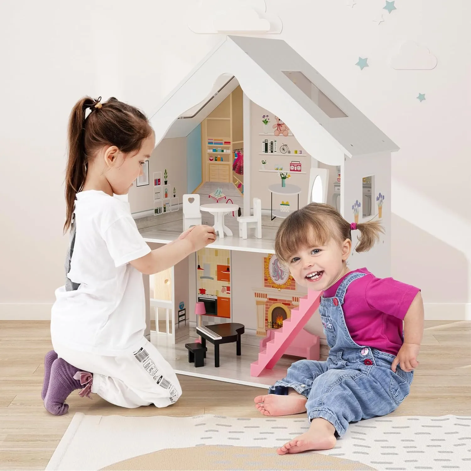 HONEY JOY White Doll House, Wooden Kids Dollhouse with Stairs, Accessories & Furniture Included, Large 2 Story Easy to Assemble Doll House Toy, Gift for Toddler Boys Girls, White