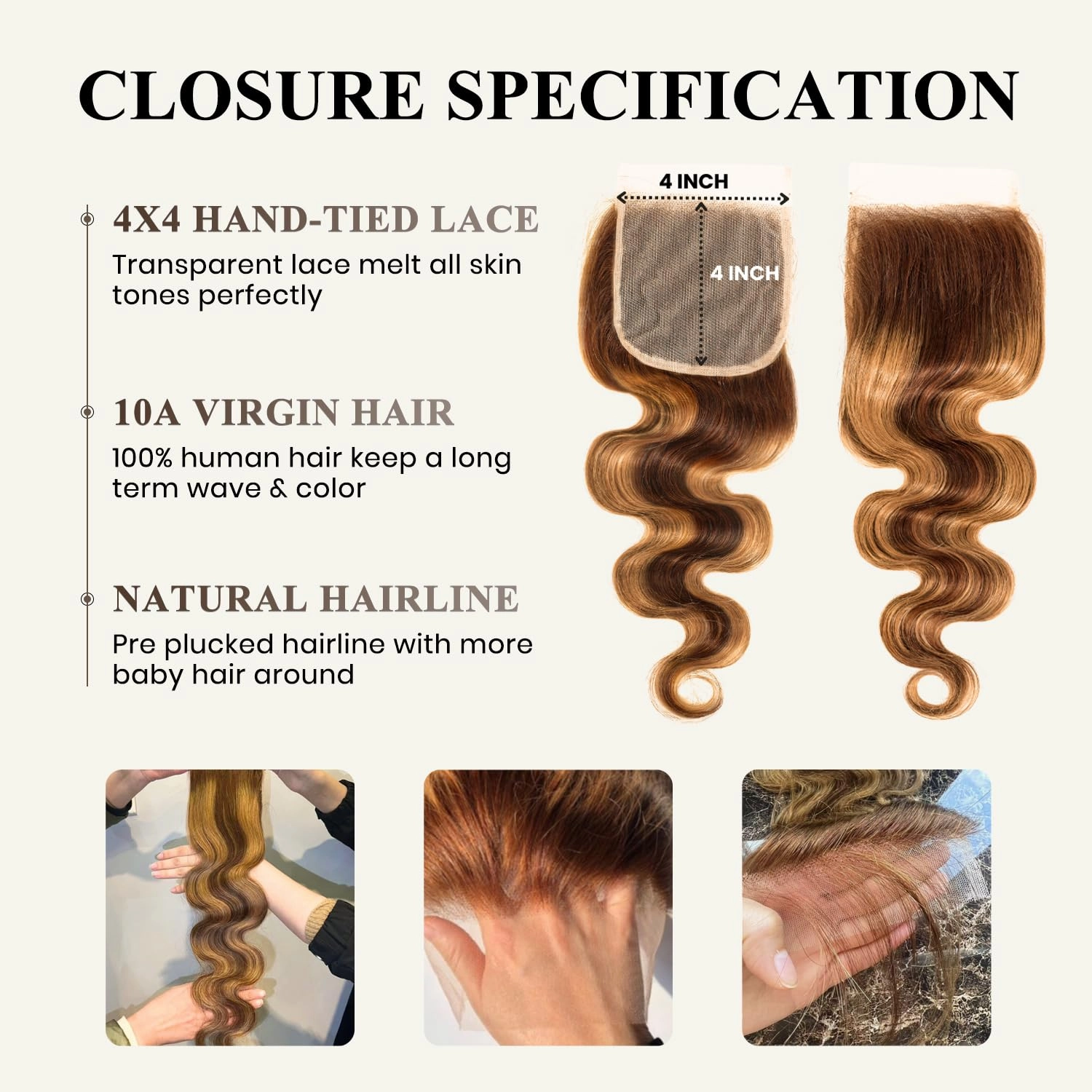 Honey Blonde Highlighted Body Wave 3 Bundles with Closure Human Hair 22 24 26 20, 12A Ombre Brown Bundles with 4x4 HD Transparent Lace Closure Pre Plucked P4/27 Balayage Colored Hair Extensions