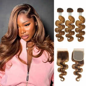 Honey Blonde Highlighted Body Wave 3 Bundles with Closure Human Hair 22 24 26 20, 12A Ombre Brown Bundles with 4x4 HD Transparent Lace Closure Pre Plucked P4/27 Balayage Colored Hair Extensions