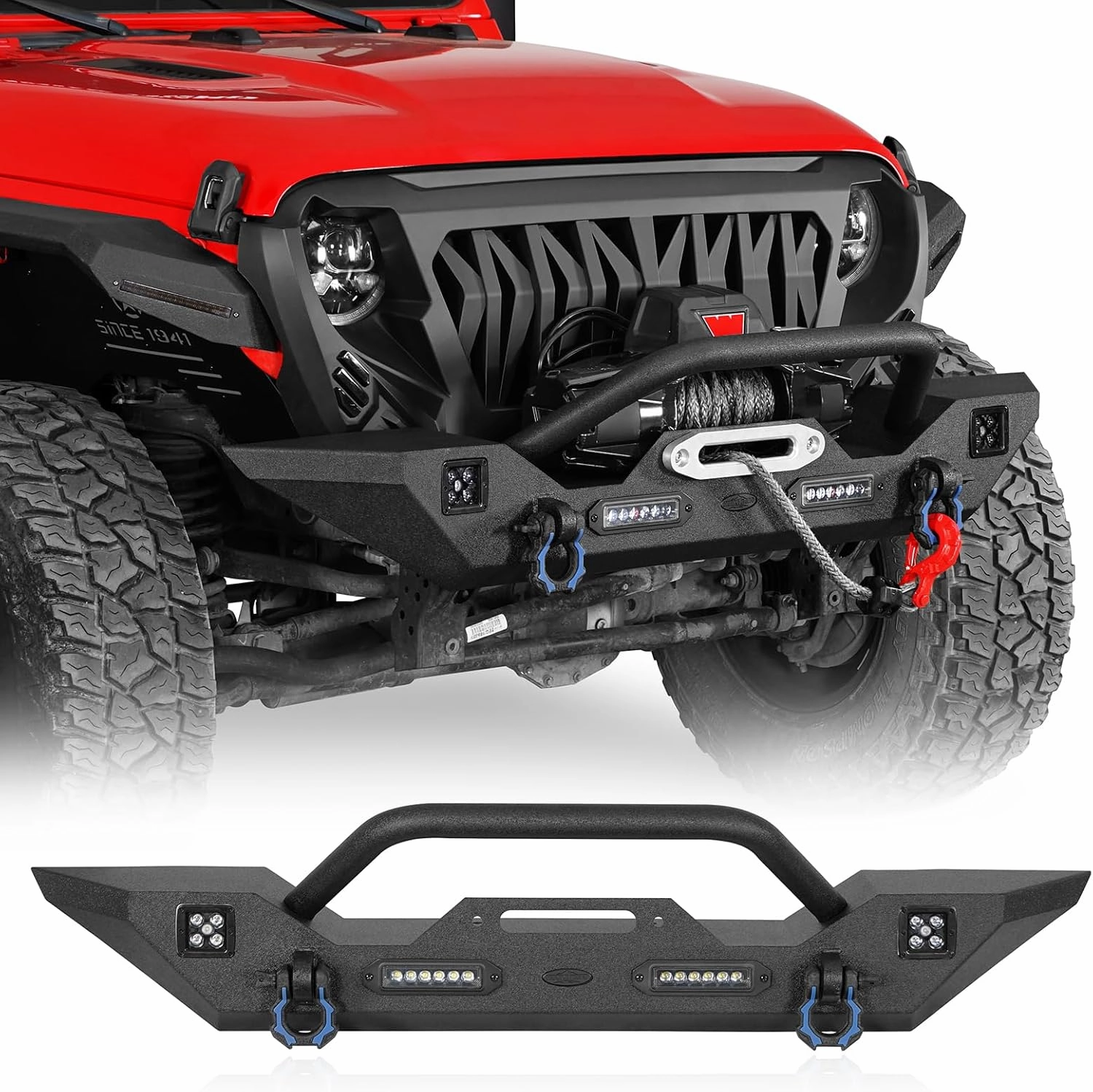Hooke Road Front Bumper for 2018-2025 Jeep Wrangler JL JLU & Gladiator JT, Offroad Steel Bumper with LED Lights D-Rings and Built-in Winch Plate
