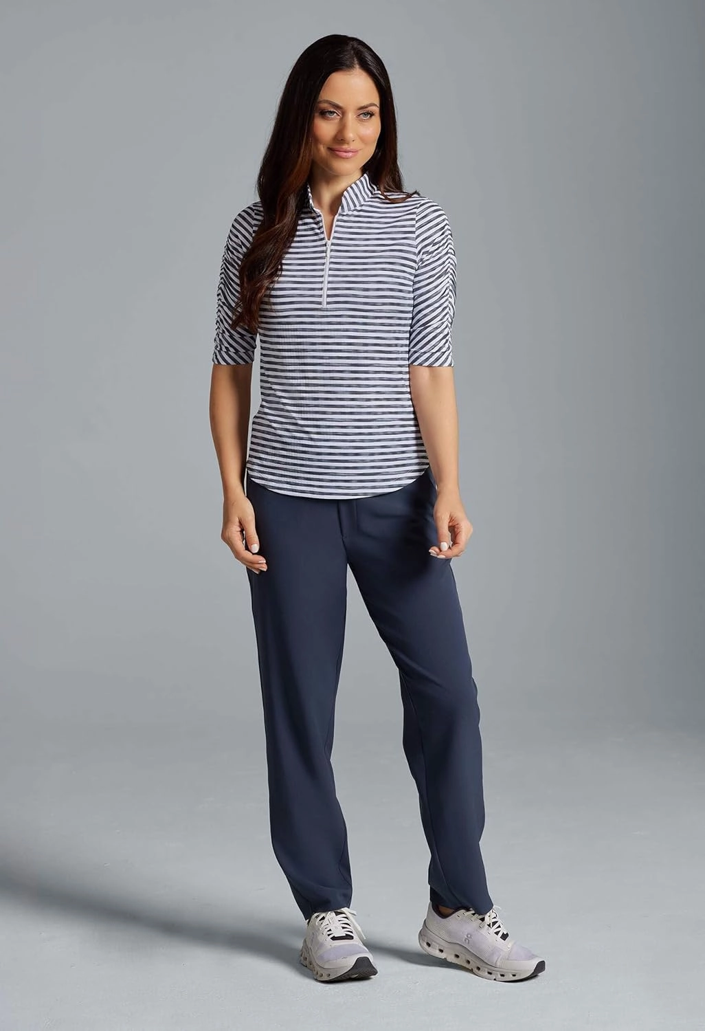 IBKUL Athleisure Wear Sun Protective UPF 50  Icefil Cooling Tech Landon Stripe II Print Ruched Elbow Sleeve Top - 41164