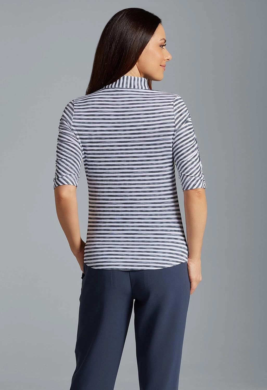 IBKUL Athleisure Wear Sun Protective UPF 50  Icefil Cooling Tech Landon Stripe II Print Ruched Elbow Sleeve Top - 41164