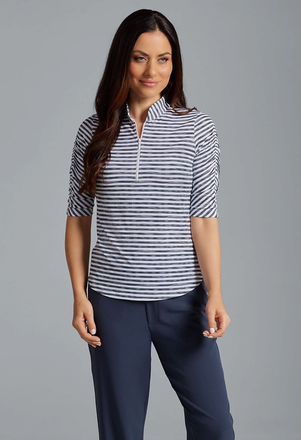 IBKUL Athleisure Wear Sun Protective UPF 50  Icefil Cooling Tech Landon Stripe II Print Ruched Elbow Sleeve Top - 41164