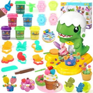 Ice Cream Color Dough Sets for Kids Ages 2-4, Dinosaur Color Dough Set, Ice Cream Maker Toys with Dinosaur Molds and Tool Kit, Dinosaur Toys for Kids 3-5