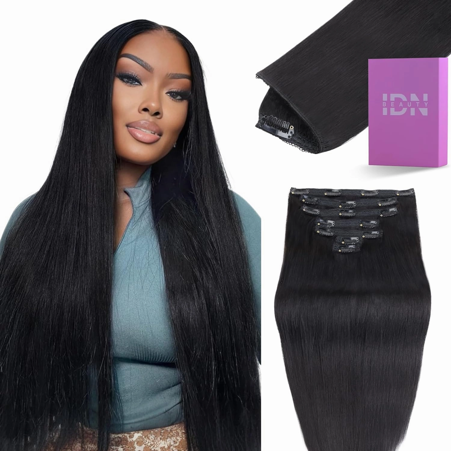 IDN BEAUTY Clip in Hair Extensions Real Human Hair Straight 120g Natural Black Double-layer Lace Clip In for Black Women Soft Breathable Lace Invisible Seamlessly Blending 7pcs 14 Inch