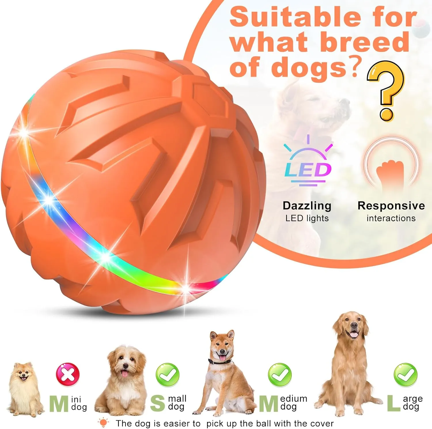 Interactive Dog Toys Ball Ultra Ball Dog Toy, Active Rolling Ball with Remote Control LED Light, Durable Rubber Peppy Pet Ball for Medium Large Dogs Boredom, Automatic Moving, 3.2-in Orange