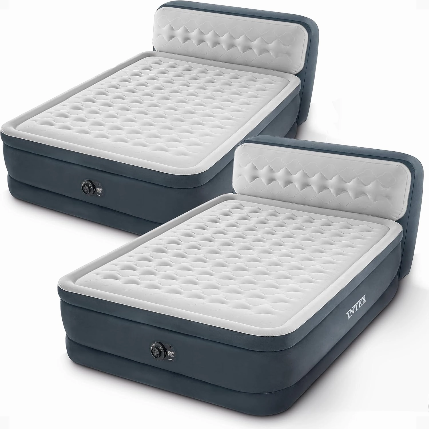 Intex Dura-Beam 18-Inch Deluxe Queen Sized Air Mattress Comforting Bed with Built-in Electric Pump and Ultra Plush Supportive Headboard (2 Pack)