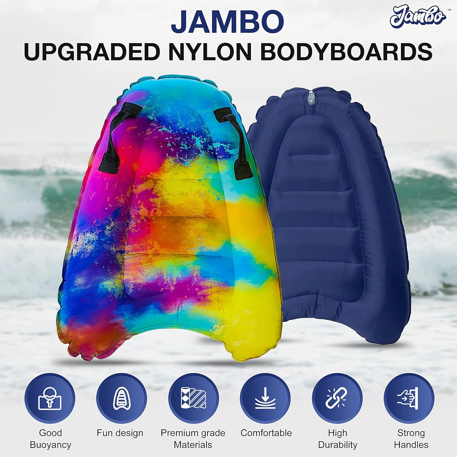 JAMBO Inflatable Surf Body Board with Handles, Boogie Board for Beach, Surfing Swimming Floating Surfboard Boards, Pool Floats Pool Beach Toy for Kids- 4 Pack