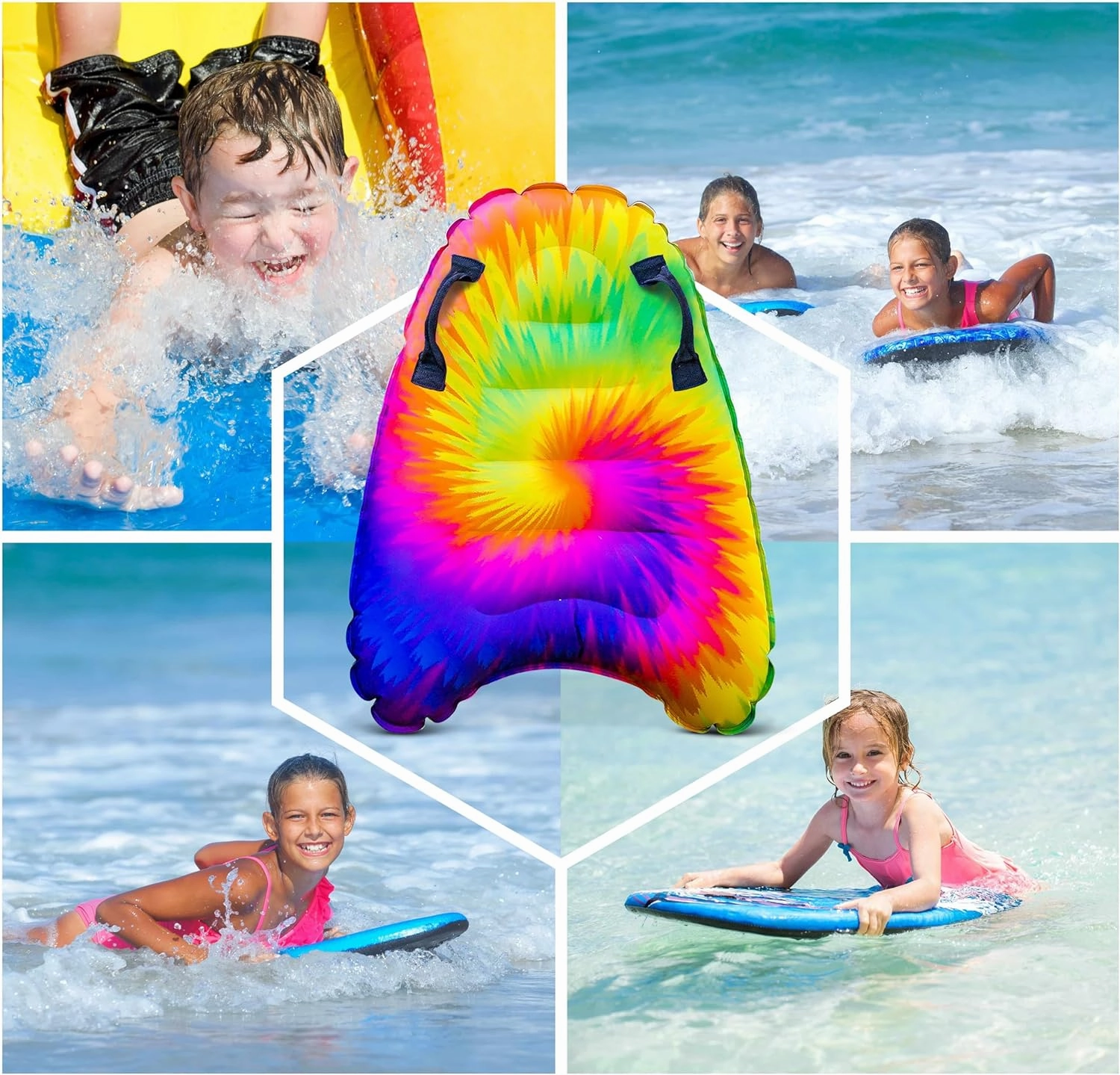 JAMBO Inflatable Surf Body Board with Handles, Boogie Board for Beach, Surfing Swimming Floating Surfboard Boards, Pool Floats Pool Beach Toy for Kids- 4 Pack