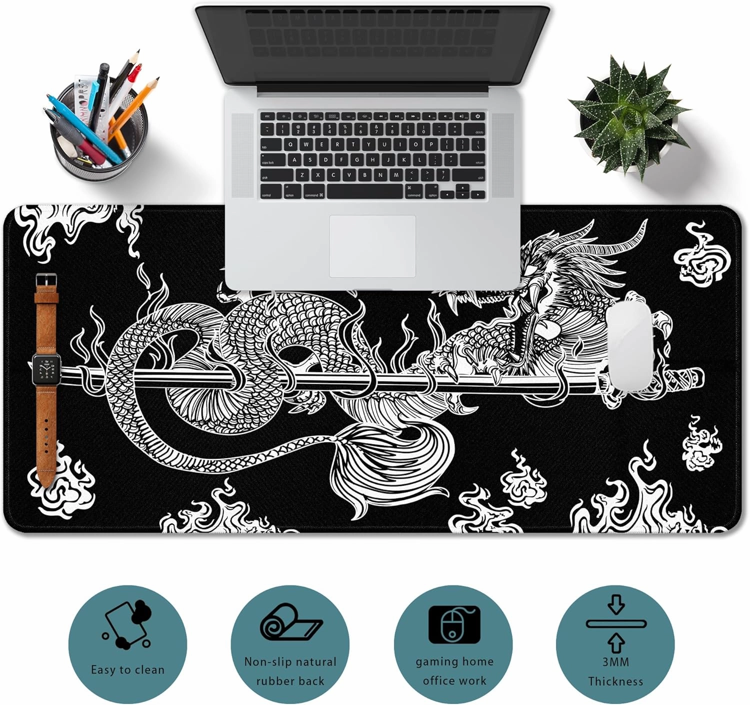 Japanese Dragon Large Gaming Mouse Pad for Desk, Black Mouse Pad Gaming Mouse Mat Desk Pad, Non-Slip Base Computer Pad Keyboard Mat, 31.5x11.8in XL Mousepad with Stitched Edge for Home Office