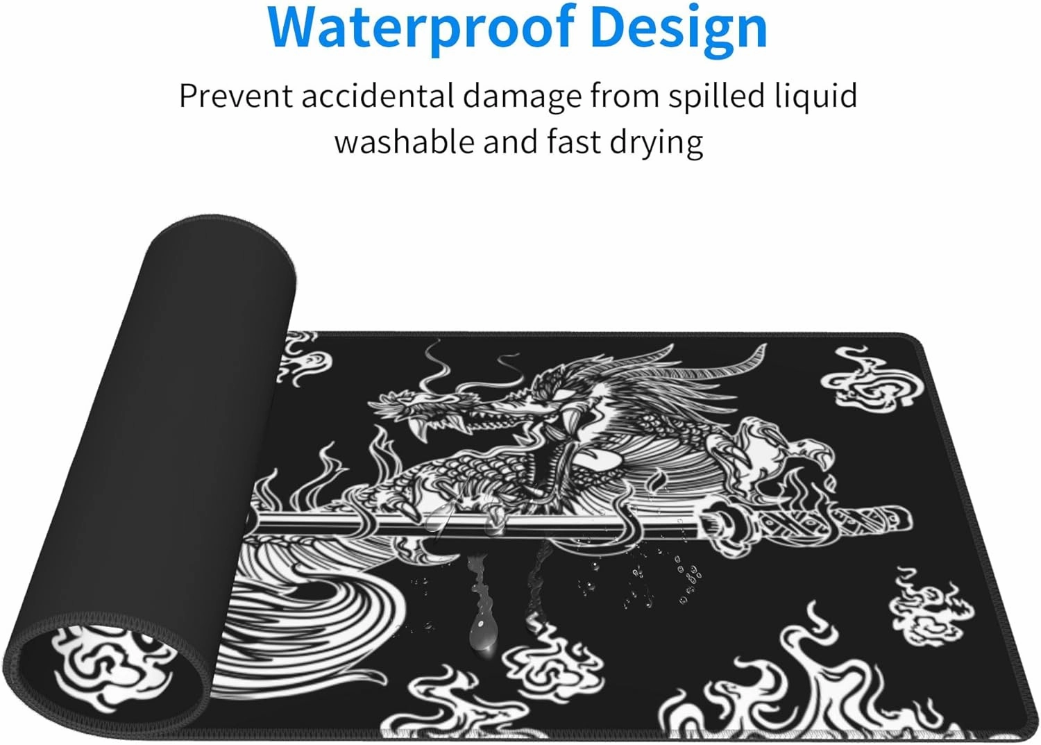 Japanese Dragon Large Gaming Mouse Pad for Desk, Black Mouse Pad Gaming Mouse Mat Desk Pad, Non-Slip Base Computer Pad Keyboard Mat, 31.5x11.8in XL Mousepad with Stitched Edge for Home Office