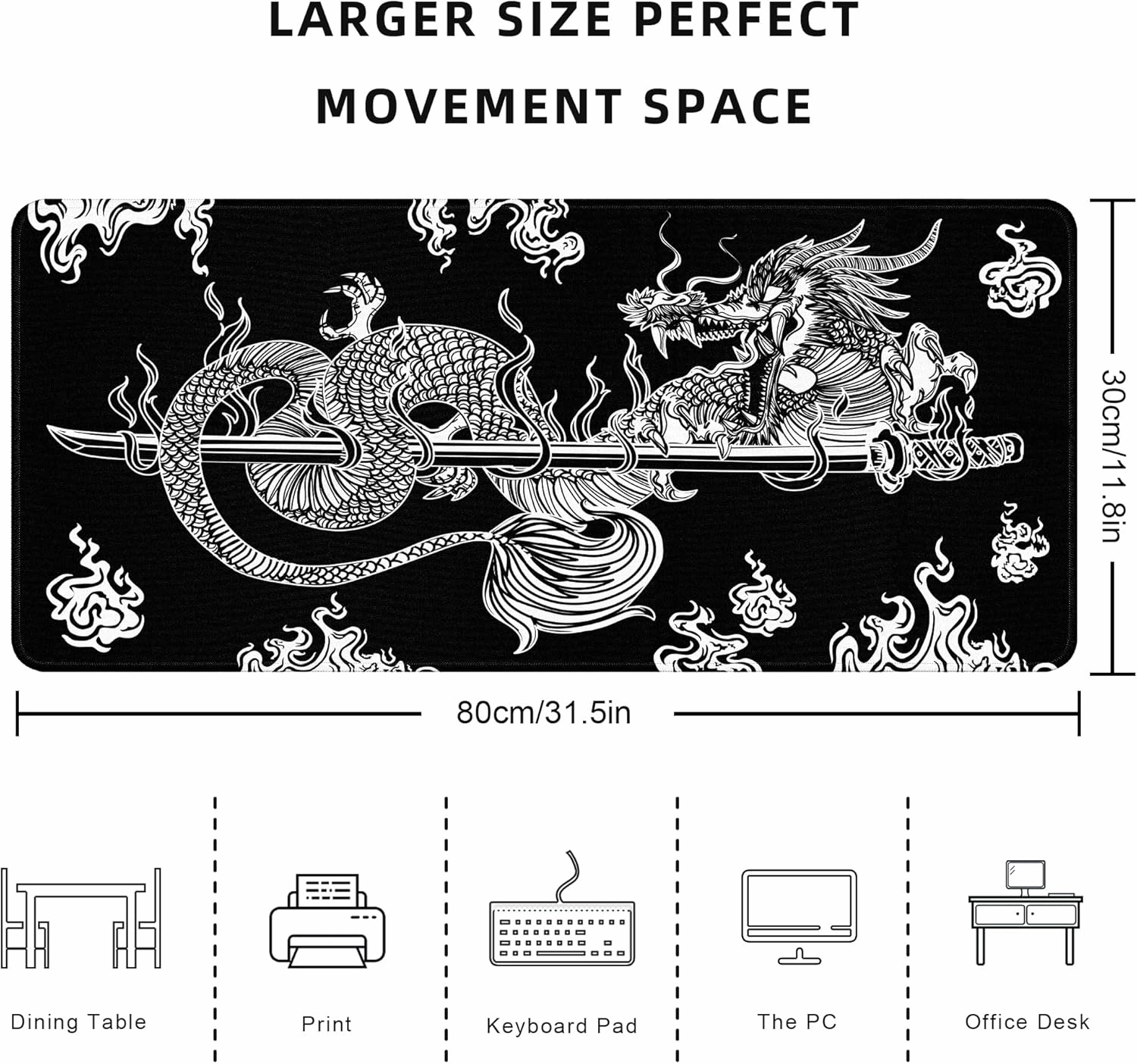 Japanese Dragon Large Gaming Mouse Pad for Desk, Black Mouse Pad Gaming Mouse Mat Desk Pad, Non-Slip Base Computer Pad Keyboard Mat, 31.5x11.8in XL Mousepad with Stitched Edge for Home Office