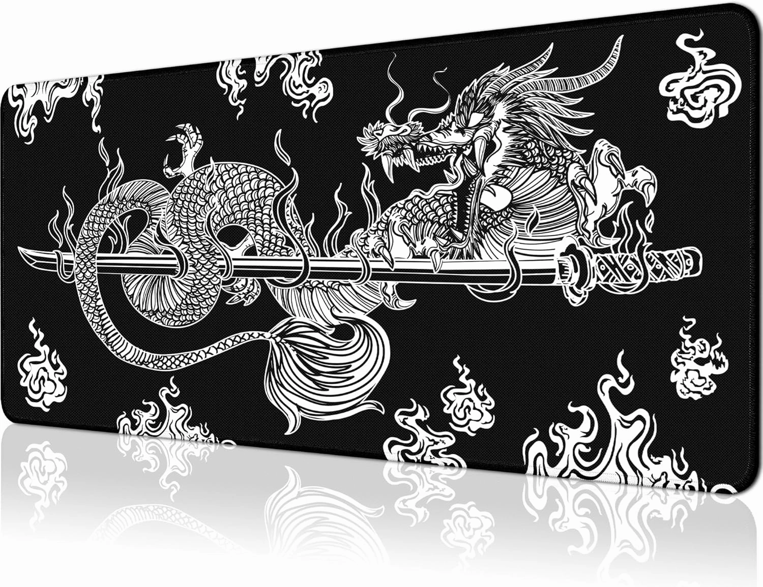 Japanese Dragon Large Gaming Mouse Pad for Desk, Black Mouse Pad Gaming Mouse Mat Desk Pad, Non-Slip Base Computer Pad Keyboard Mat, 31.5x11.8in XL Mousepad with Stitched Edge for Home Office