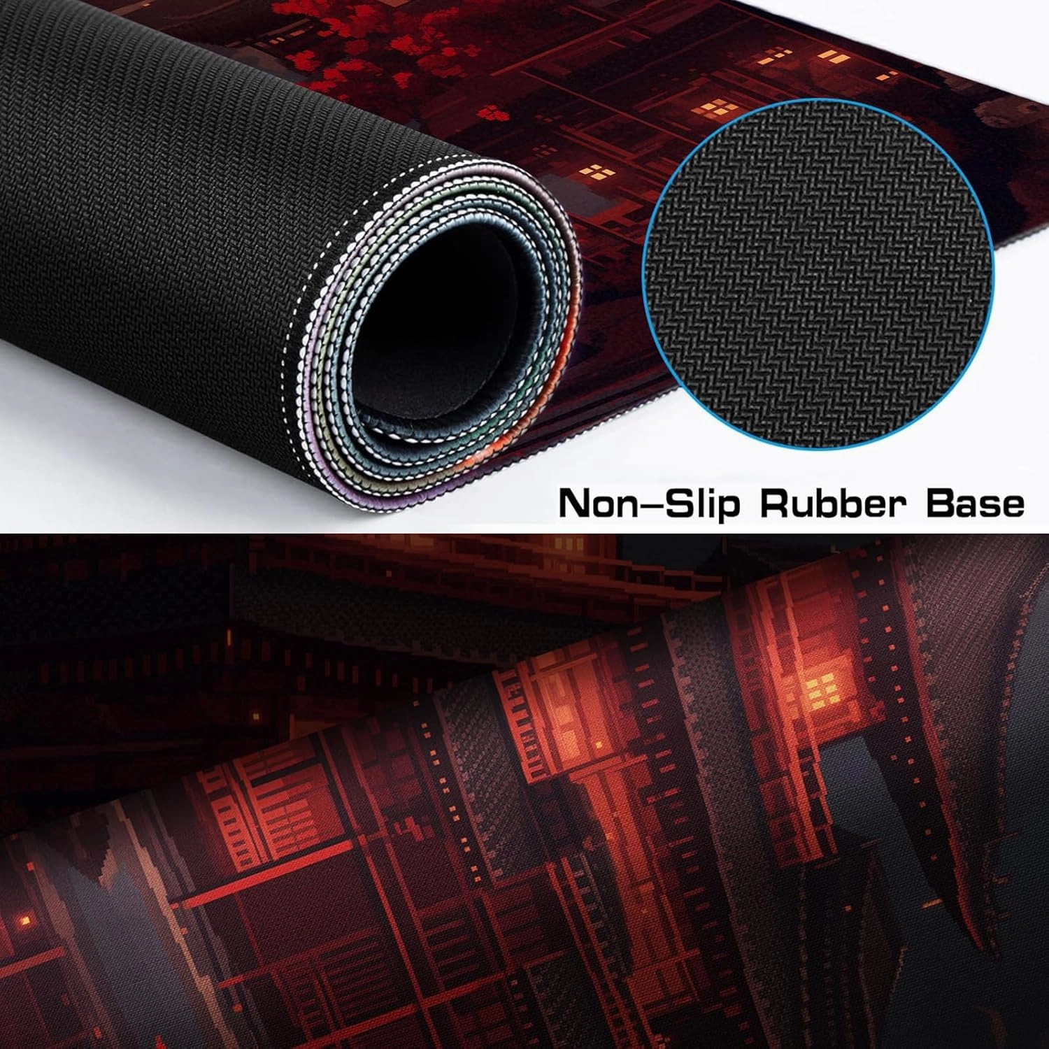 Japanese Style Ancient Pavilion Night View Large Game Expansion Mouse Pad, Office Accessories 35.4x15.7-Inch Anti Slip Rubber Base Mouse Pad