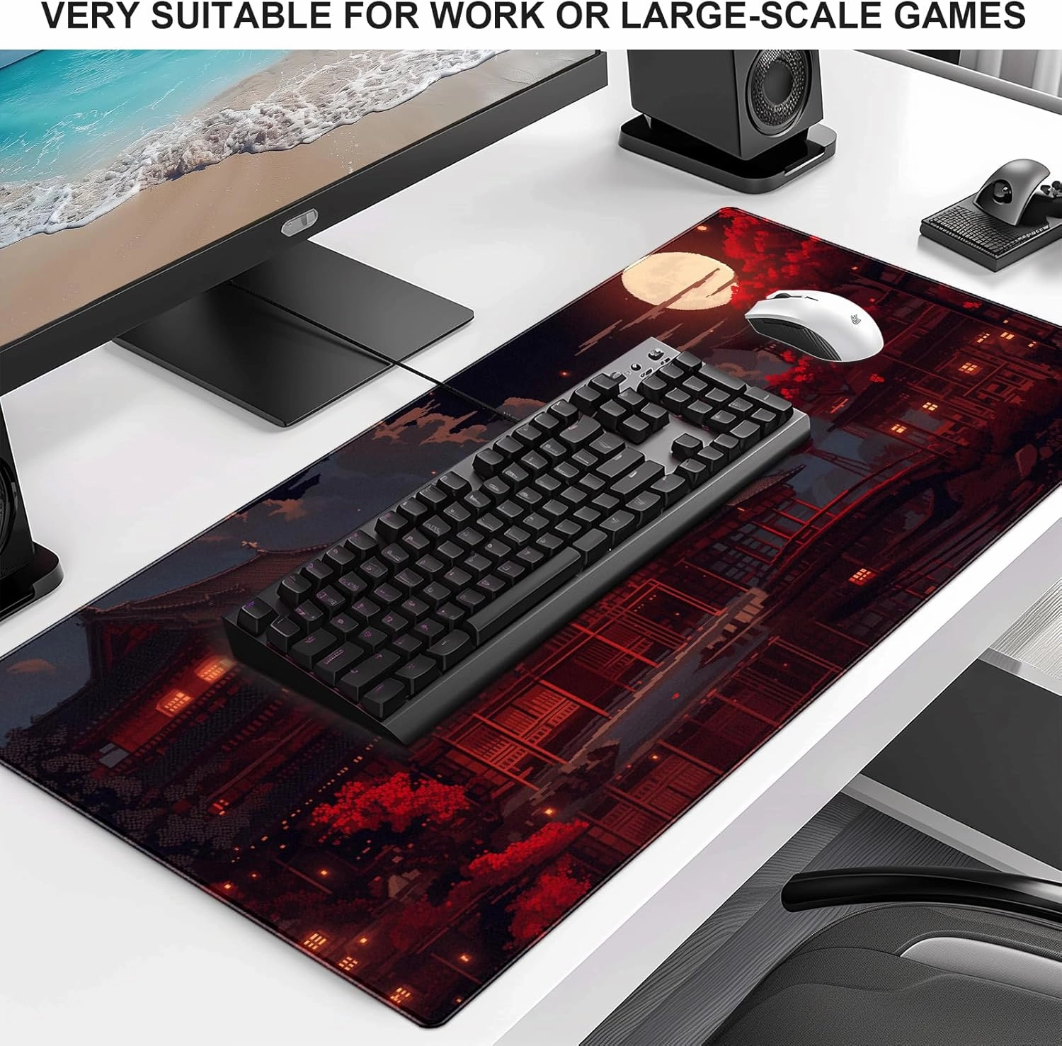 Japanese Style Ancient Pavilion Night View Large Game Expansion Mouse Pad, Office Accessories 35.4x15.7-Inch Anti Slip Rubber Base Mouse Pad