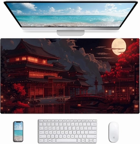Japanese Style Ancient Pavilion Night View Large Game Expansion Mouse Pad, Office Accessories 35.4x15.7-Inch Anti Slip Rubber Base Mouse Pad