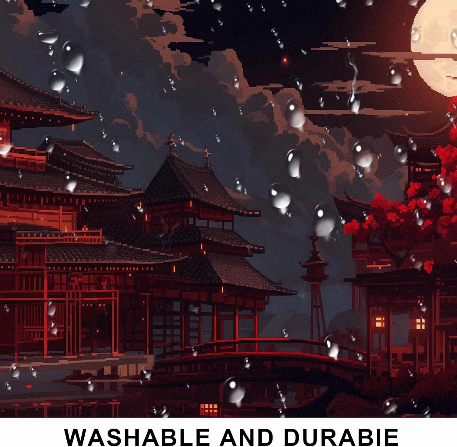 Japanese Style Ancient Pavilion Night View Large Game Expansion Mouse Pad, Office Accessories 35.4x15.7-Inch Anti Slip Rubber Base Mouse Pad