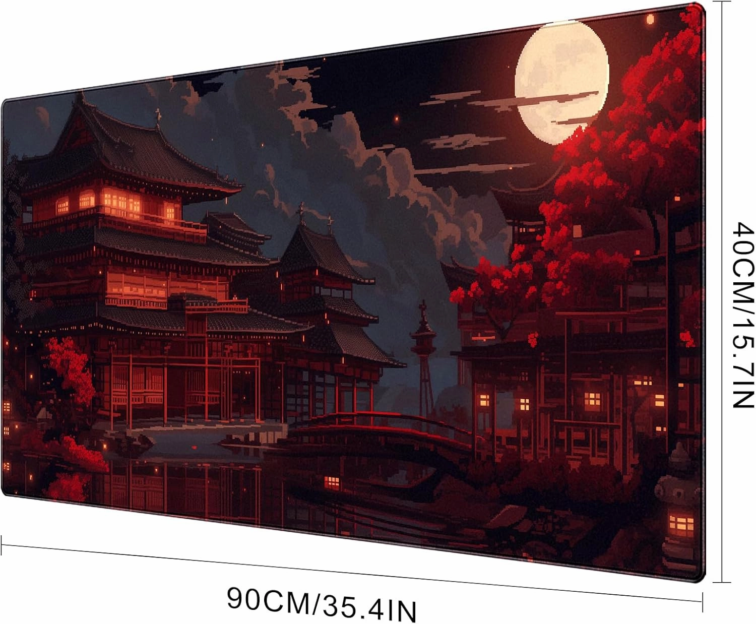 Japanese Style Ancient Pavilion Night View Large Game Expansion Mouse Pad, Office Accessories 35.4x15.7-Inch Anti Slip Rubber Base Mouse Pad