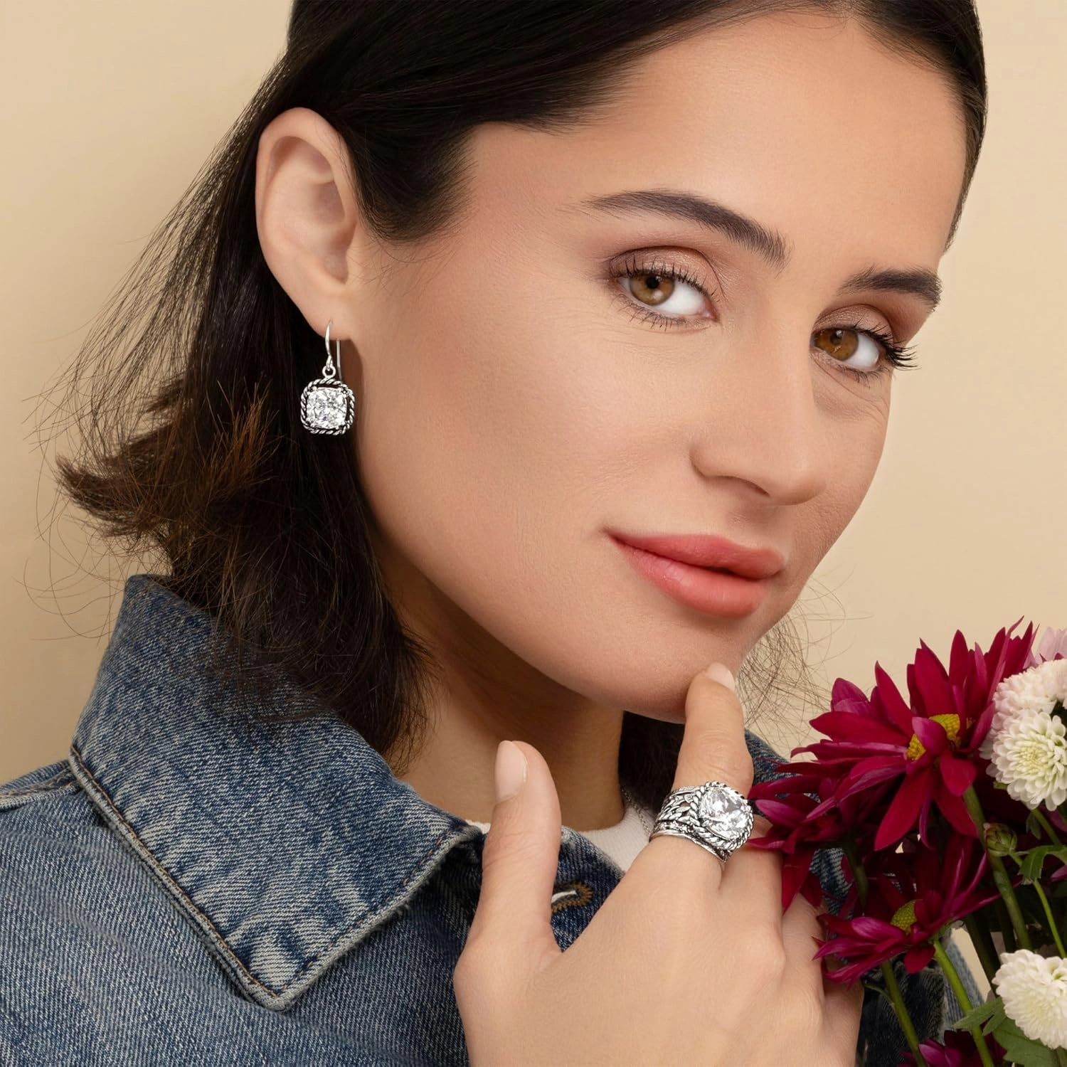 JEAN RACHEL JEWELRY 925 Sterling Silver Ring - Braid & Leaf Vintage Design with Cushion Cubic Zirconia - Hypoallergenic, Lead & Nickel Free - Artisan Handcrafted Statement Rings for Women