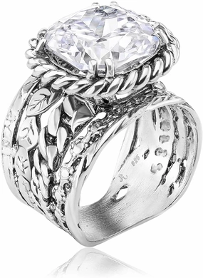 JEAN RACHEL JEWELRY 925 Sterling Silver Ring - Braid & Leaf Vintage Design with Cushion Cubic Zirconia - Hypoallergenic, Lead & Nickel Free - Artisan Handcrafted Statement Rings for Women