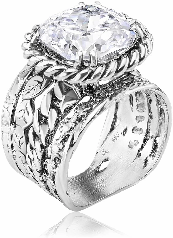 JEAN RACHEL JEWELRY 925 Sterling Silver Ring - Braid & Leaf Vintage Design with Cushion Cubic Zirconia - Hypoallergenic, Lead & Nickel Free - Artisan Handcrafted Statement Rings for Women