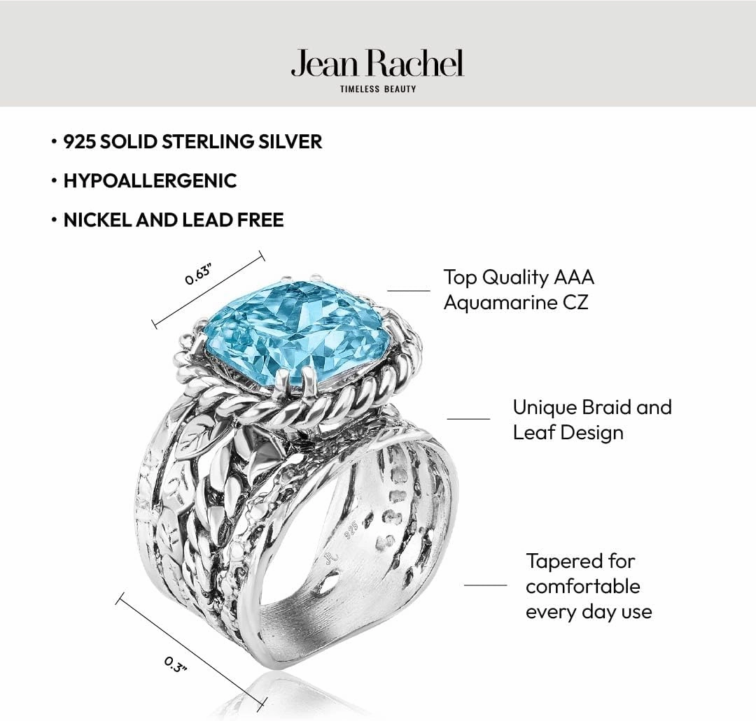 JEAN RACHEL JEWELRY 925 Sterling Silver Ring - Braid & Leaf Vintage Design with Cushion Cubic Zirconia - Hypoallergenic, Lead & Nickel Free - Artisan Handcrafted Statement Rings for Women, Aquamarine