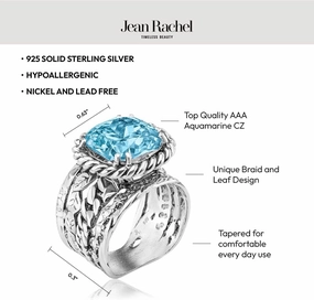 JEAN RACHEL JEWELRY 925 Sterling Silver Ring - Braid & Leaf Vintage Design with Cushion Cubic Zirconia - Hypoallergenic, Lead & Nickel Free - Artisan Handcrafted Statement Rings for Women, Aquamarine