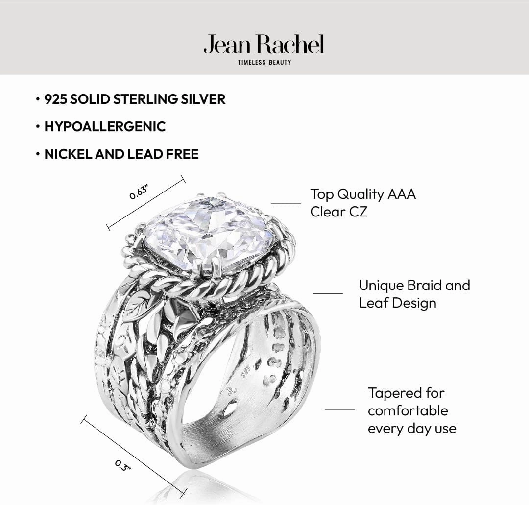 JEAN RACHEL JEWELRY 925 Sterling Silver Ring - Braid & Leaf Vintage Design with Cushion Cubic Zirconia - Hypoallergenic, Lead & Nickel Free - Artisan Handcrafted Statement Rings for Women