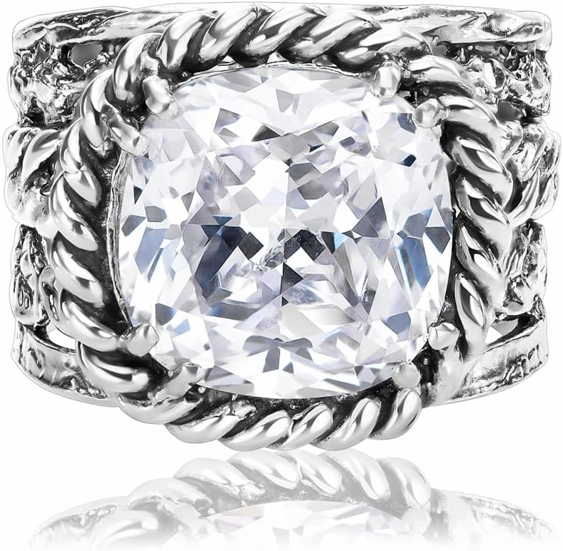 JEAN RACHEL JEWELRY 925 Sterling Silver Ring - Braid & Leaf Vintage Design with Cushion Cubic Zirconia - Hypoallergenic, Lead & Nickel Free - Artisan Handcrafted Statement Rings for Women