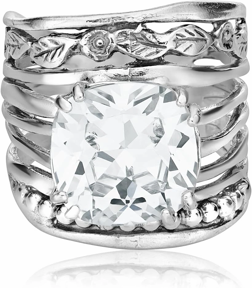 JEAN RACHEL JEWELRY 925 Sterling Silver Ring with 12mm Cushion Shaped Cubic Zirconia Vintage Design - Hypoallergenic, Lead & Nickel Free - Artisan Handcrafted Statement Rings for Women