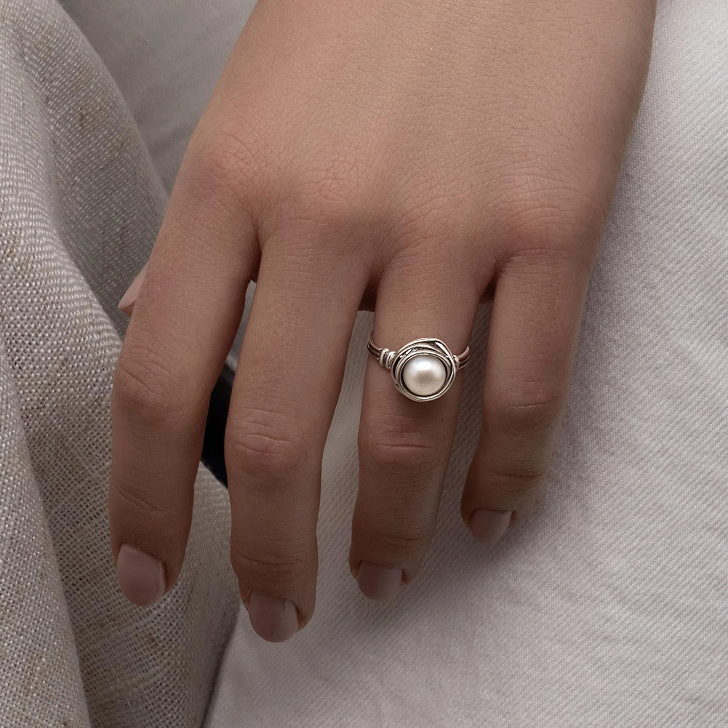 JEAN RACHEL JEWELRY 925 Sterling Silver Ring with Fresh Water Pearl Wire Wrap Vintage Design - Hypoallergenic, Nickel & Lead-free - Artisan Handcrafted Statement Rings for Women