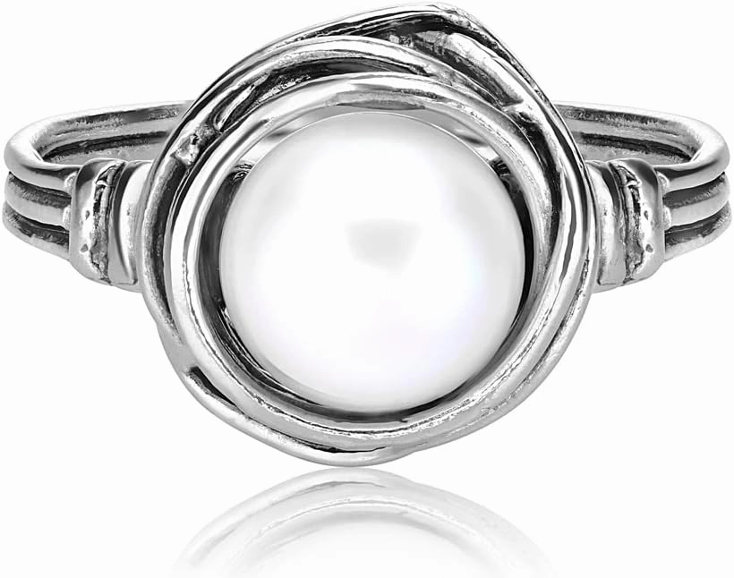 JEAN RACHEL JEWELRY 925 Sterling Silver Ring with Fresh Water Pearl Wire Wrap Vintage Design - Hypoallergenic, Nickel & Lead-free - Artisan Handcrafted Statement Rings for Women