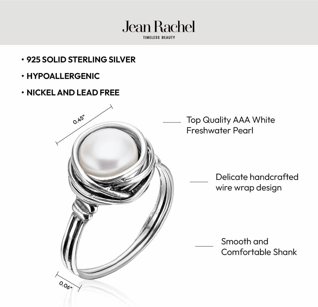 JEAN RACHEL JEWELRY 925 Sterling Silver Ring with Fresh Water Pearl Wire Wrap Vintage Design - Hypoallergenic, Nickel & Lead-free - Artisan Handcrafted Statement Rings for Women