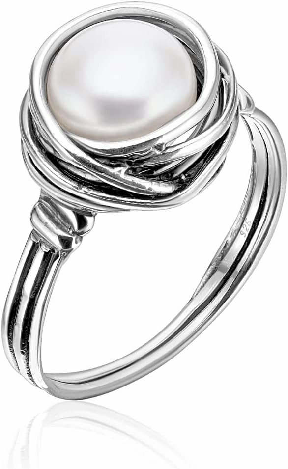 JEAN RACHEL JEWELRY 925 Sterling Silver Ring with Fresh Water Pearl Wire Wrap Vintage Design - Hypoallergenic, Nickel & Lead-free - Artisan Handcrafted Statement Rings for Women